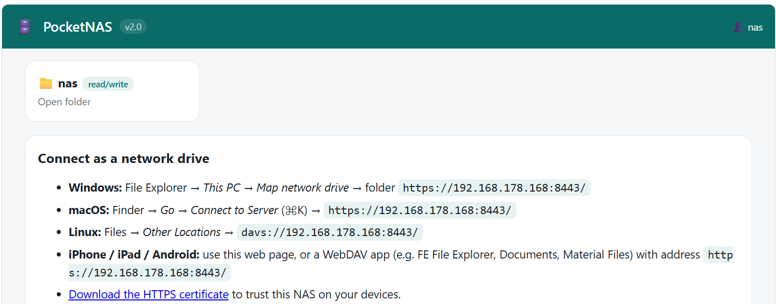 Pocket NAS start page with instructions to connect as a network drive