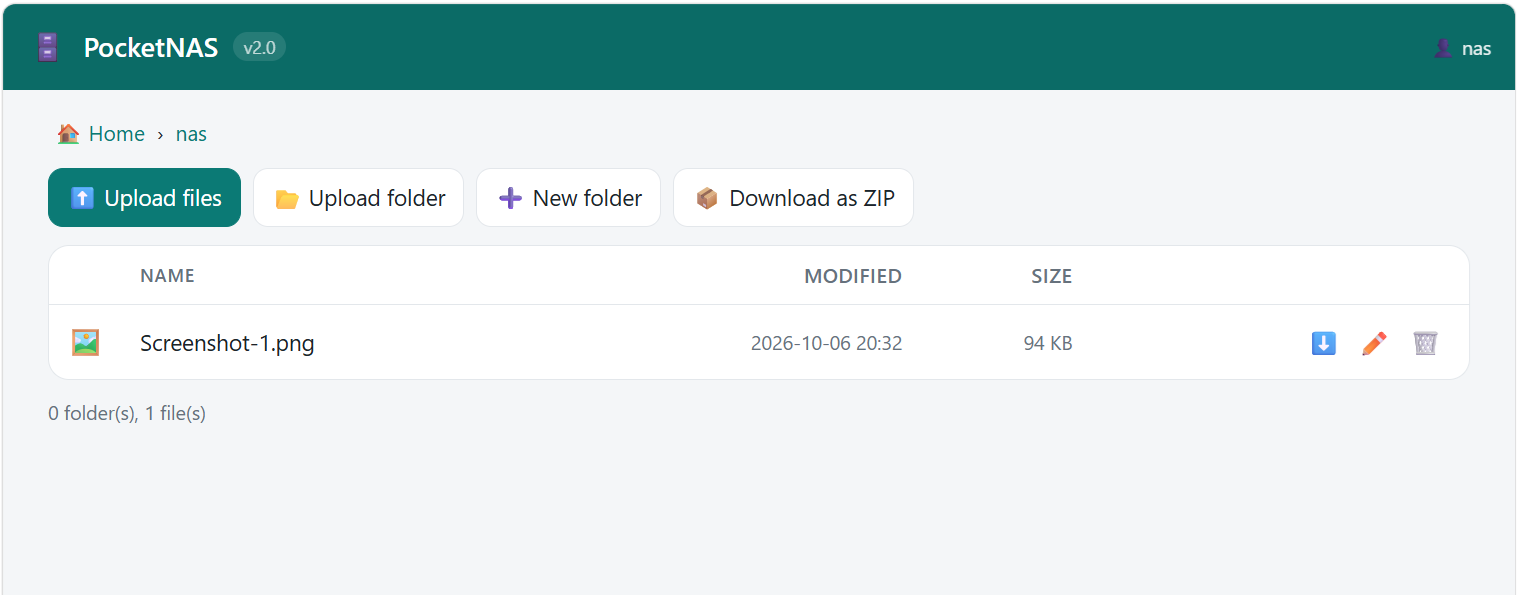 Pocket NAS file manager in a web browser, showing a shared folder